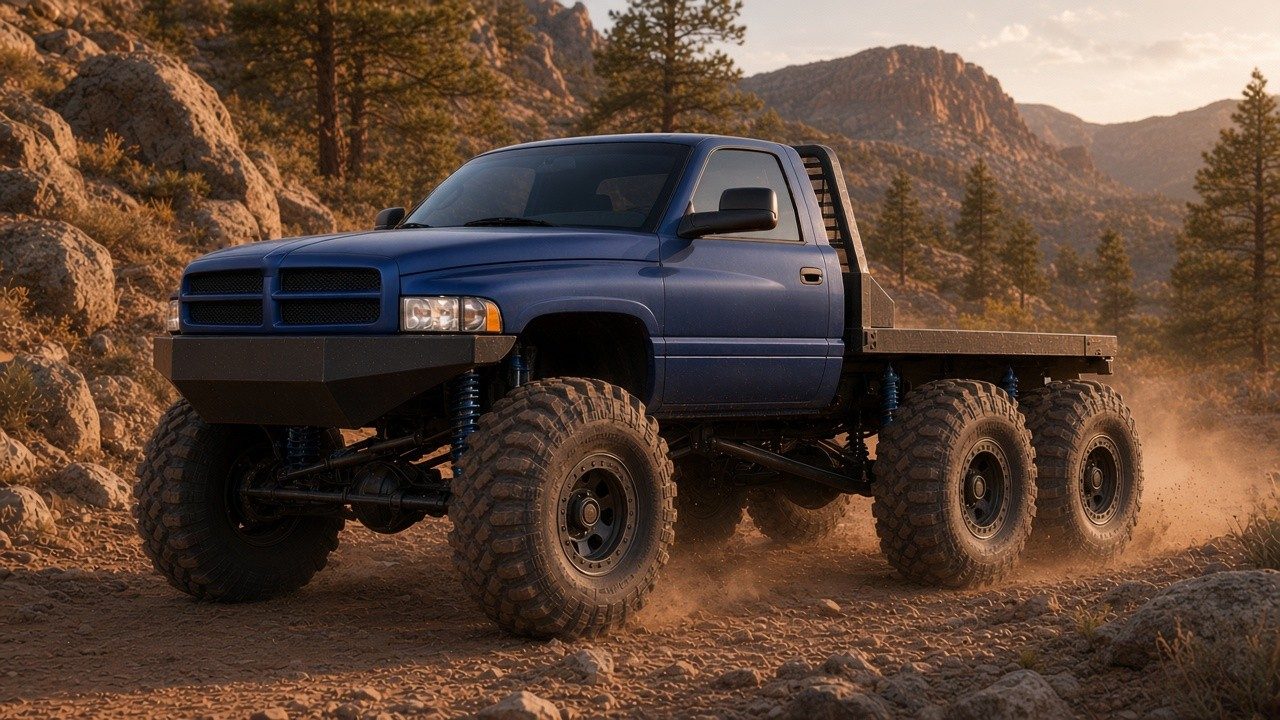 Concept rendering, not a photo: the blue regular-cab Ram 6x6 with three solid axles, six big mud tires, a steel flatbed with headache rack and a heavy front bumper on a rocky mountain trail at golden hour.